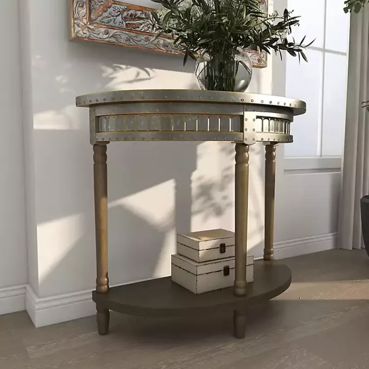 Console Tables-Kirklands Home Beige Wood and Metal Half Moon Console Table Tan