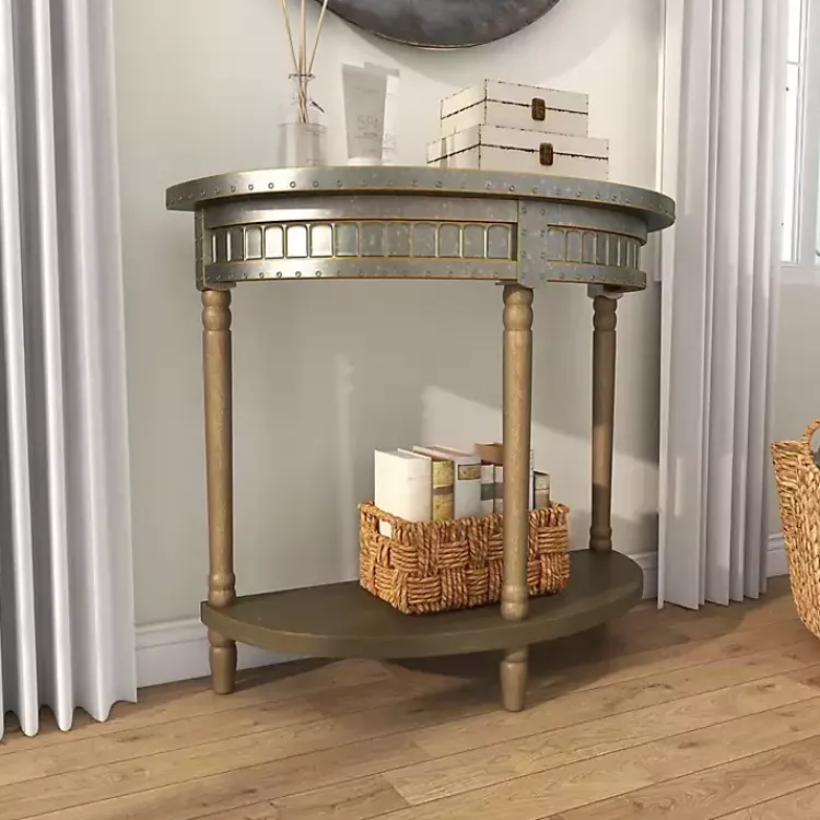 Console Tables-Kirklands Home Beige Wood and Metal Half Moon Console Table Tan
