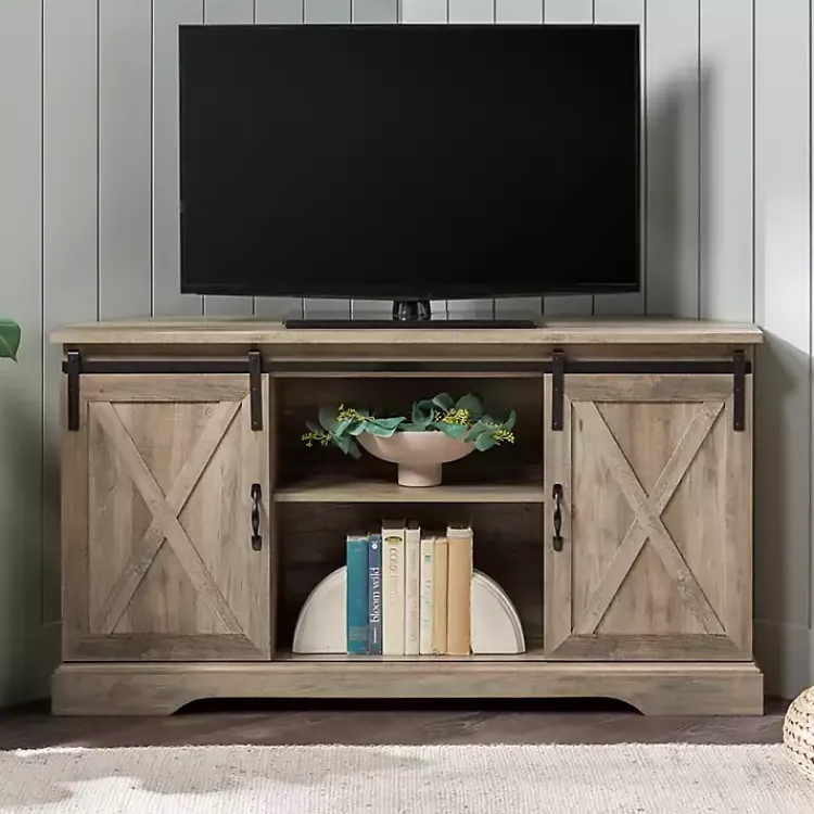 Tv Stands & Media Consoles-Kirklands Home Sliding Barn Doors Corner TV Stand Gray