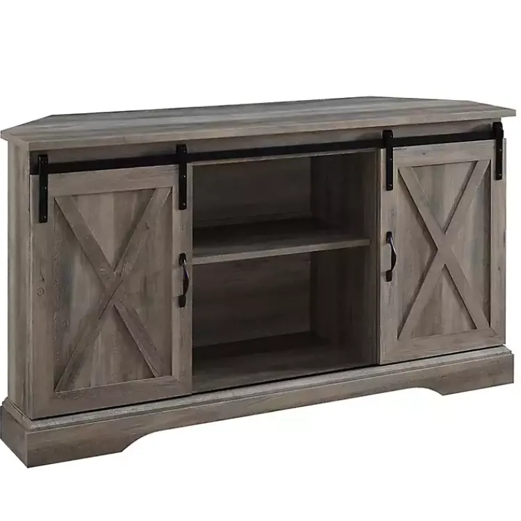 Tv Stands & Media Consoles-Kirklands Home Sliding Barn Doors Corner TV Stand Gray