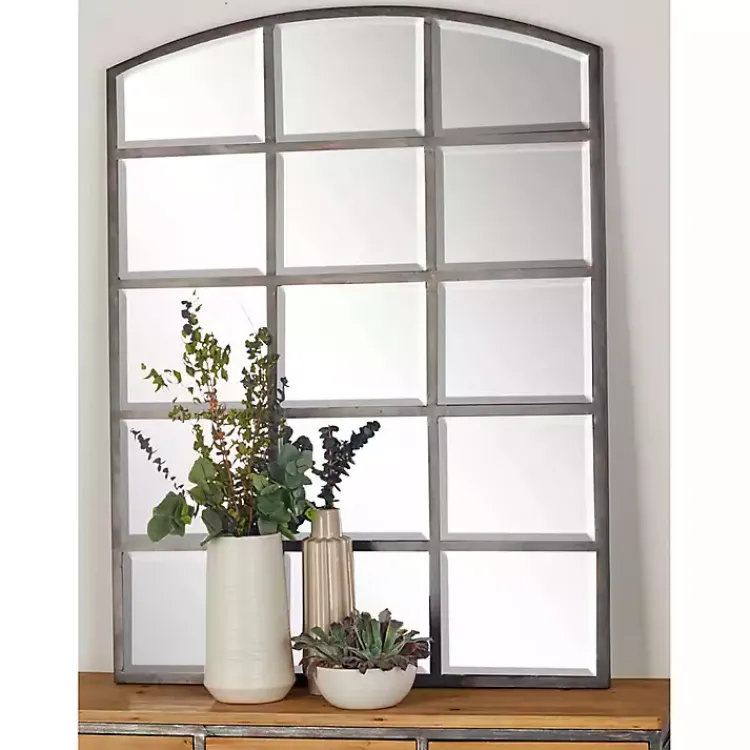 Decorative Mirrors-Kirklands Home Distressed Metal Windowpane Arched Mirror Black