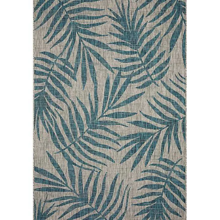 Outdoor Rugs-Kirklands Home Gray and Aqua Palm Leaves Outdoor Area Rug, 7x10