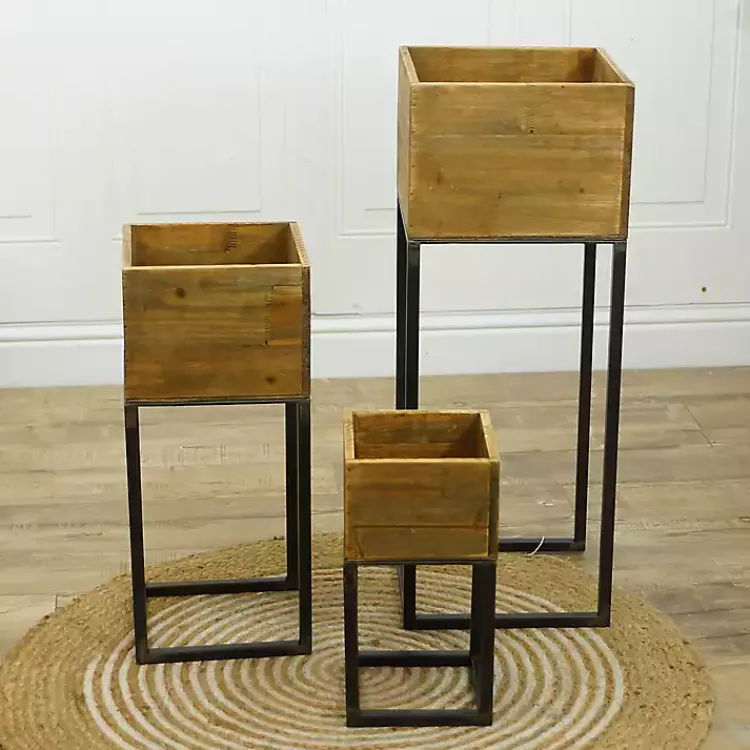 Planters-Kirklands Home Natural Wood with Metal Base Planters, Set of 3