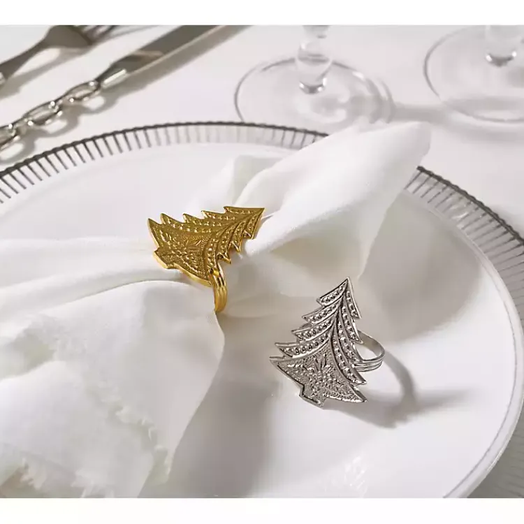 Table Linens-Kirklands Home Art Deco Christmas Tree Napkin Rings, Set of 4 Silver