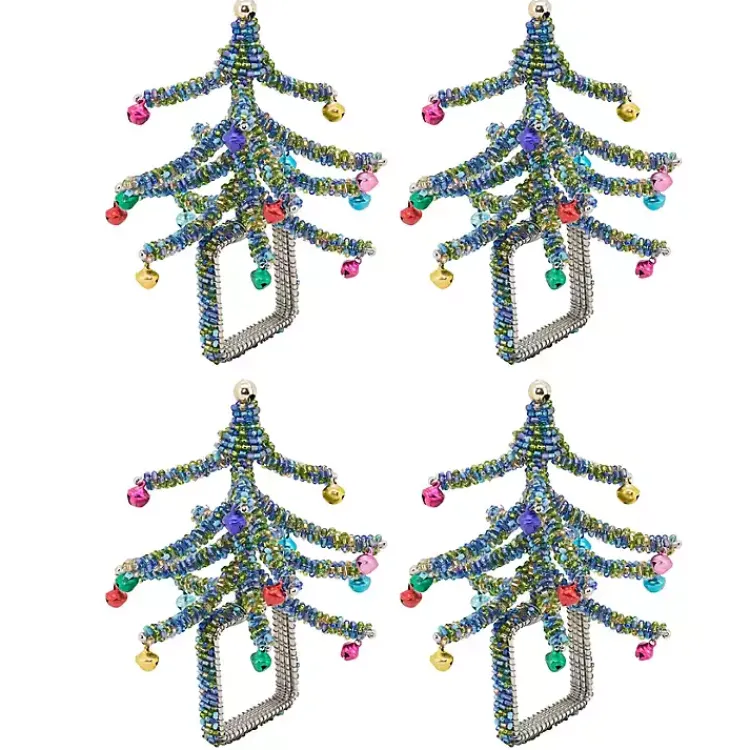 Table Linens-Kirklands Home Blue Beaded Christmas Tree Napkin Rings, Set of 4