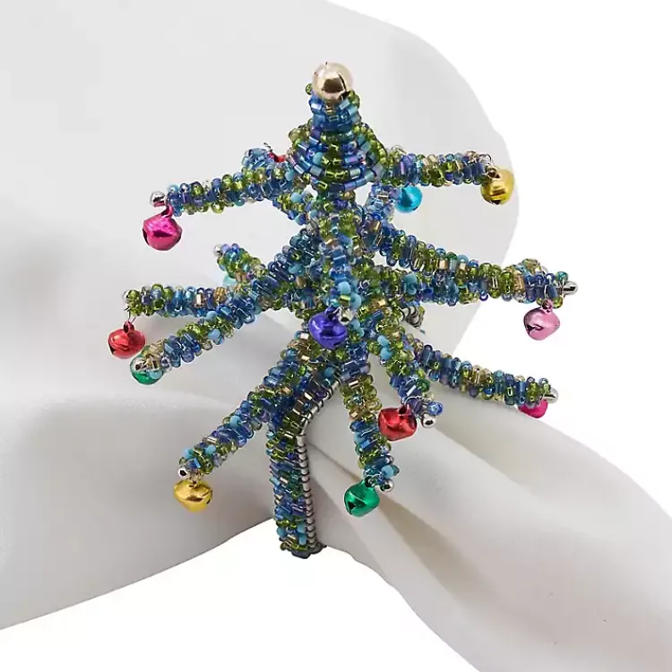 Table Linens-Kirklands Home Blue Beaded Christmas Tree Napkin Rings, Set of 4