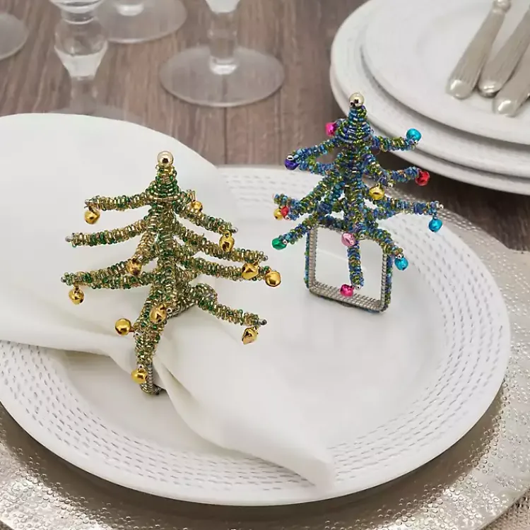Table Linens-Kirklands Home Blue Beaded Christmas Tree Napkin Rings, Set of 4