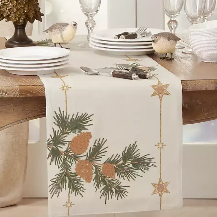 Table Linens-Kirklands Home Natural Embroidered Pinecone Table Runner