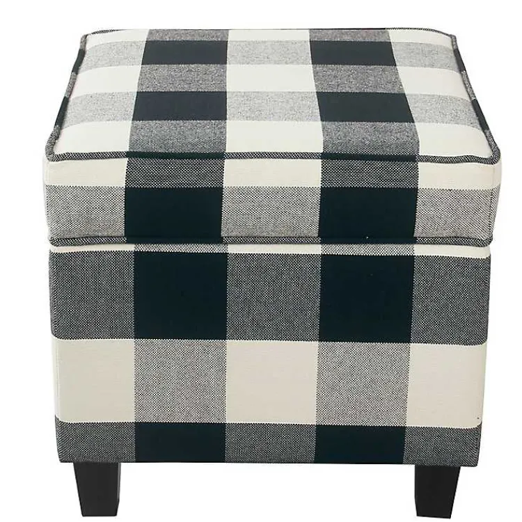 Benches & Ottomans-Kirklands Home Cream Buffalo Plaid Upholstered Storage Ottoman