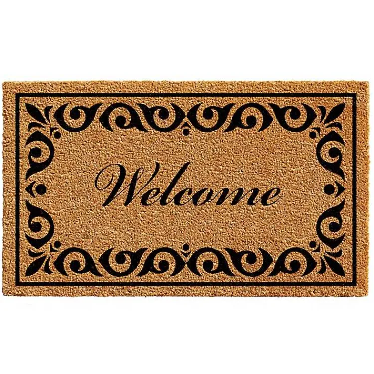 Doormats-Kirklands Home Tan and Black Scroll Welcome Doormat, 72x36 in.