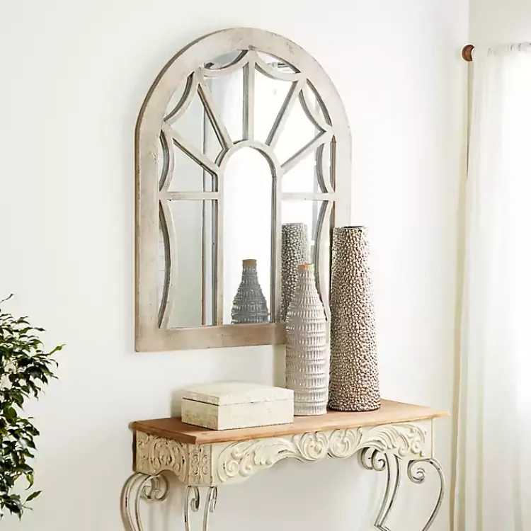 Decorative Mirrors-Kirklands Home Cream Vintage Fir Wood Arch Framed Mirror