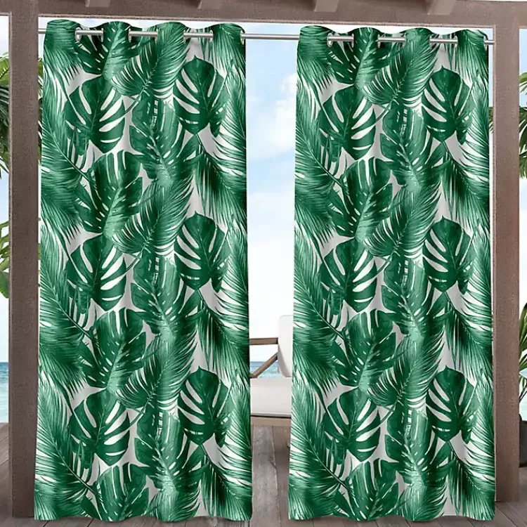 Outdoor Curtains-Kirklands Home Green Palm Leaf Outdoor Curtain Panel Set, 96 in.
