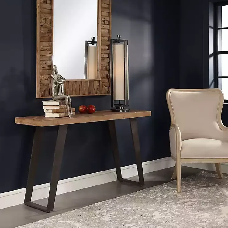 Console Tables-Kirklands Home Weathered Oak and Metal Console Table Tan