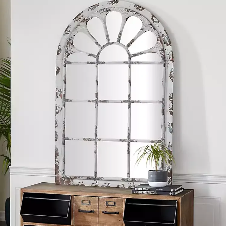 Decorative Mirrors-Kirklands Home White Brown Rustic Window Iron Frame Wall Mirror