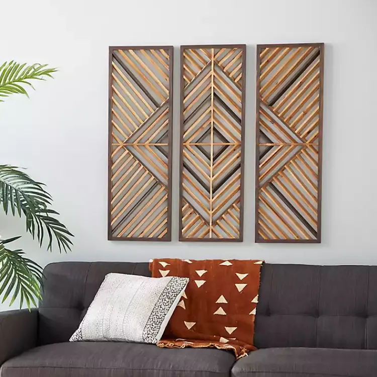Wall Plaques-Kirklands Home Bronze Wood Geometric Wall Plaques, Set of 3 Tan