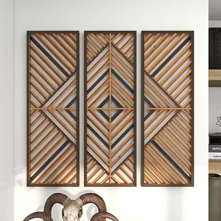 Wall Plaques-Kirklands Home Bronze Wood Geometric Wall Plaques, Set of 3 Tan