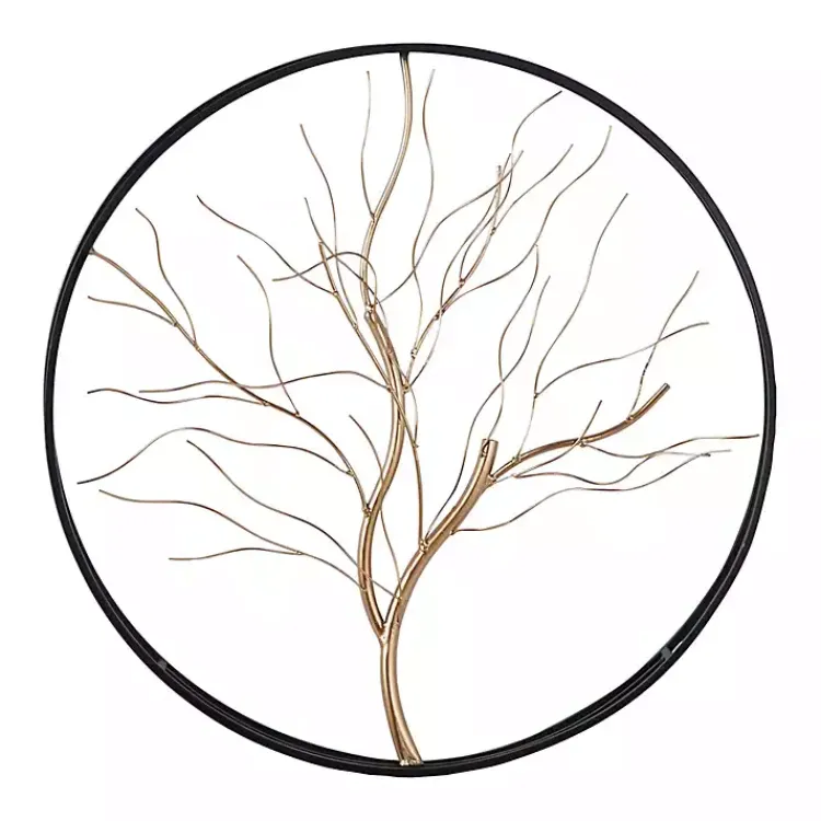 Wall Plaques-Kirklands Home Gold Iron Leaf-Less Tree Round Frame Wall Plaque Black