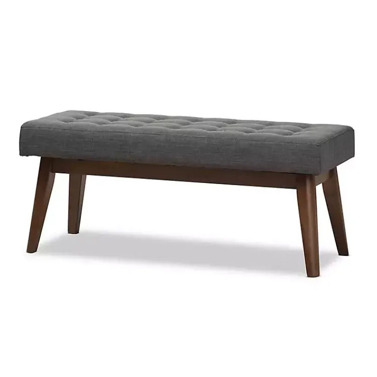 Benches & Ottomans-Kirklands Home Dark Tufted Walnut Wood Bench Gray