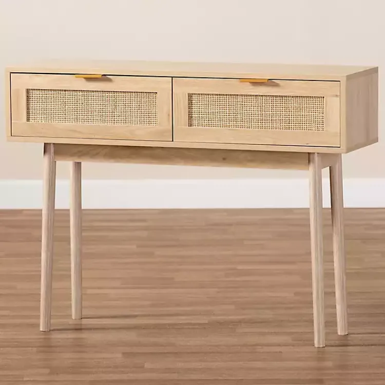 Console Tables-Kirklands Home Light Oak Rat and Wood Console Table Tan