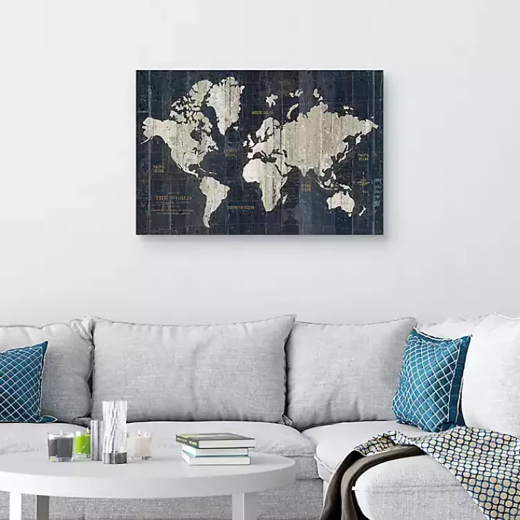 Framed Art-Kirklands Home World Map Canvas Art Print Blue