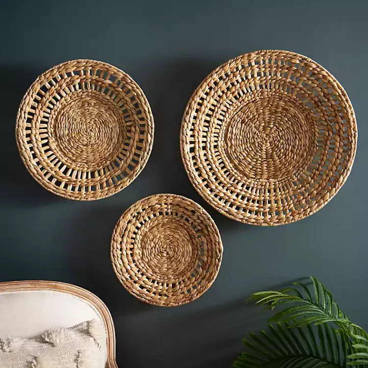 Wall Plaques-Kirklands Home Water Hyacinth Basket Wall Plaques, Set of 3 Tan