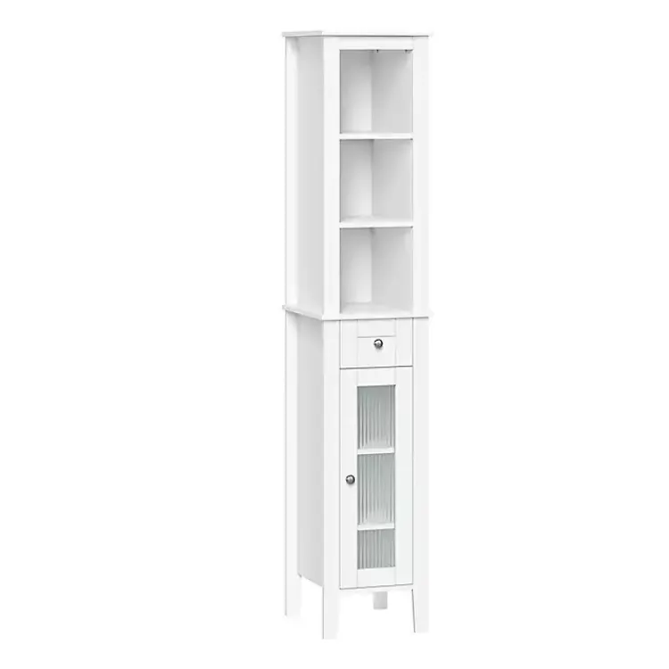 Bathroom Furniture-Kirklands Home Wood Tall Single Pane Glass Door Cabinet White