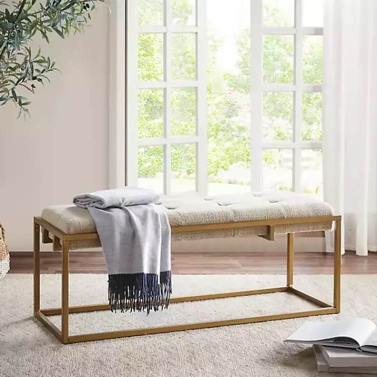 Benches & Ottomans-Kirklands Home Tufted Bronze Metal Bench Tan
