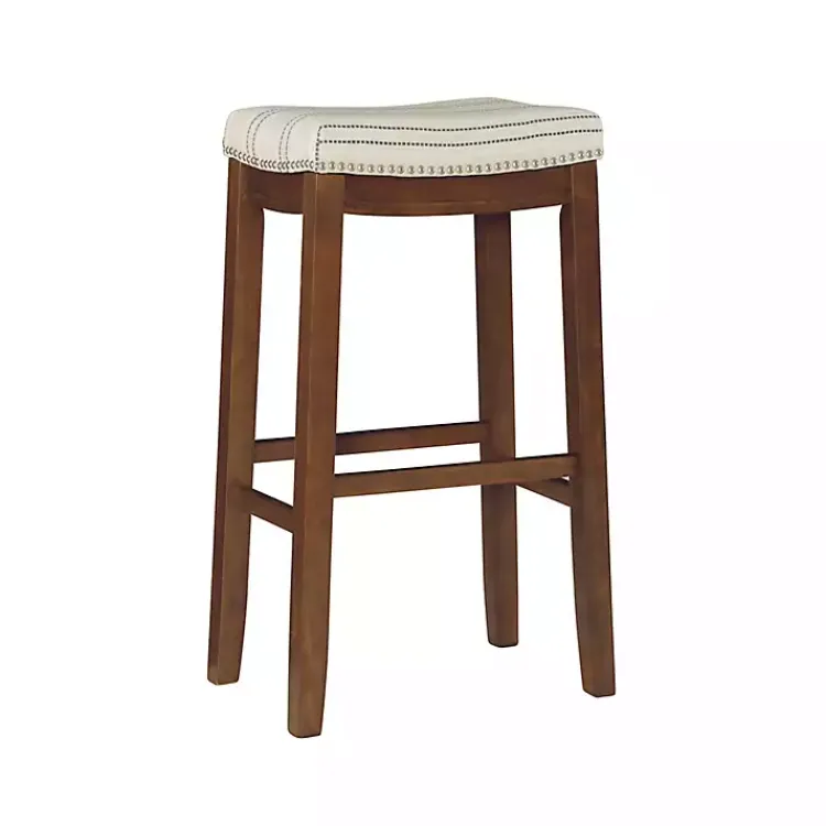 Bar Stools & Counter Height Stools-Kirklands Home Dark Wood Bar Stool with Striped Cushion Gray
