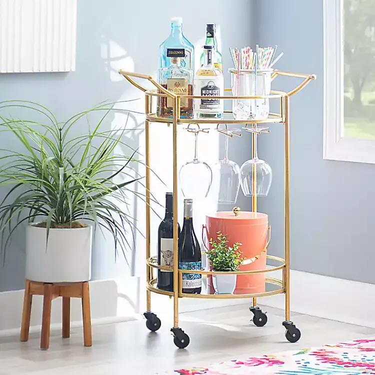 Kitchen Islands & Bar Carts-Kirklands Home Gold Metal Frame Bar Cart with Mirrored Shelves