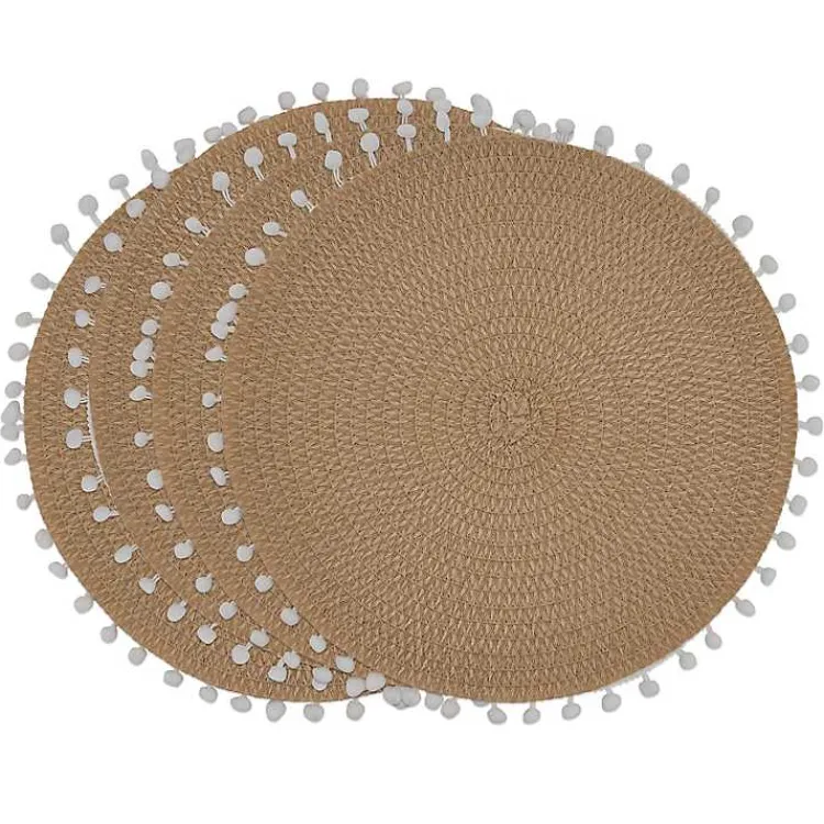 Table Linens-Kirklands Home Circular Pom Pom Placemats, Set of 4 Tan
