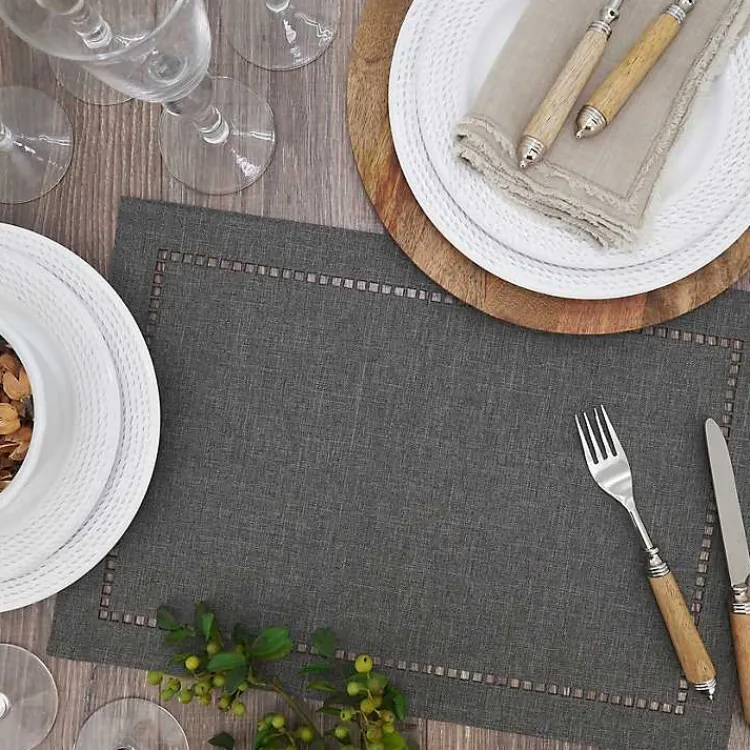 Table Linens-Kirklands Home Charcoal Laser-Cut Hemstitch Placemats, Set of 4 Gray