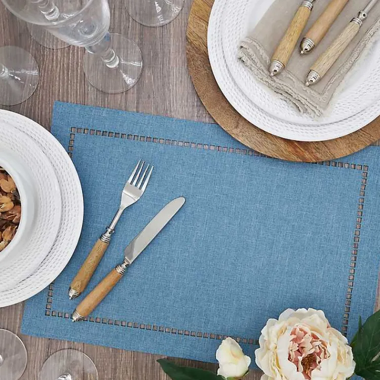 Table Linens-Kirklands Home Azure Laser-Cut Hemstitch Placemats, Set of 4 Blue