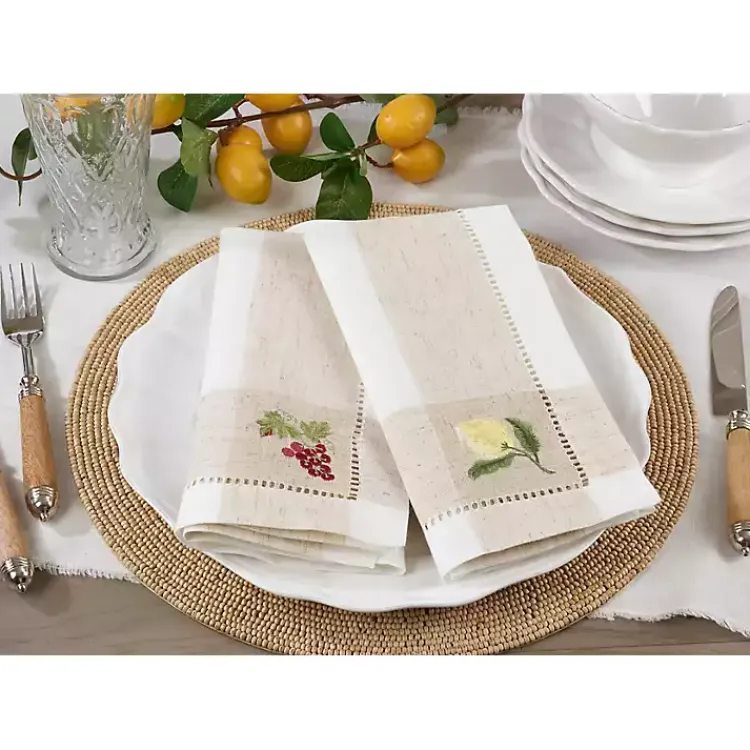 Table Linens-Kirklands Home Tan Hemstitch Embroidered Lemon Napkins, Set of 4