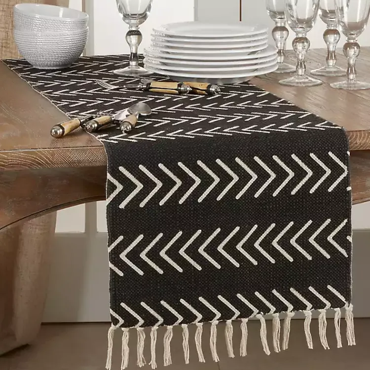 Table Linens-Kirklands Home Chevron Table Runner with Fringe Black