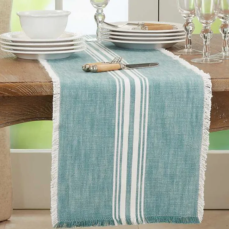 Table Linens-Kirklands Home Light Blue Striped Fringe Table Runner, 72 in.