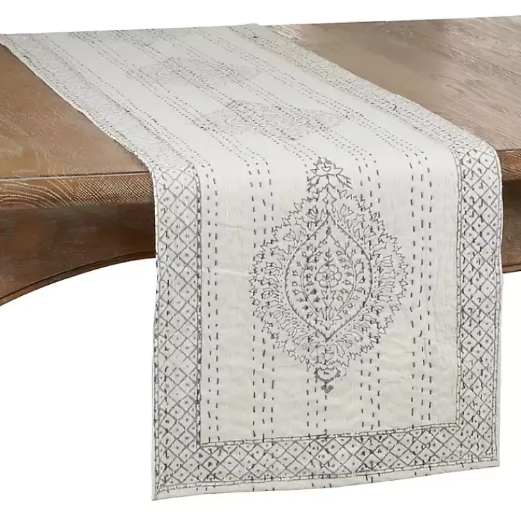 Table Linens-Kirklands Home Gray and White Kantha Stitch Table Runner
