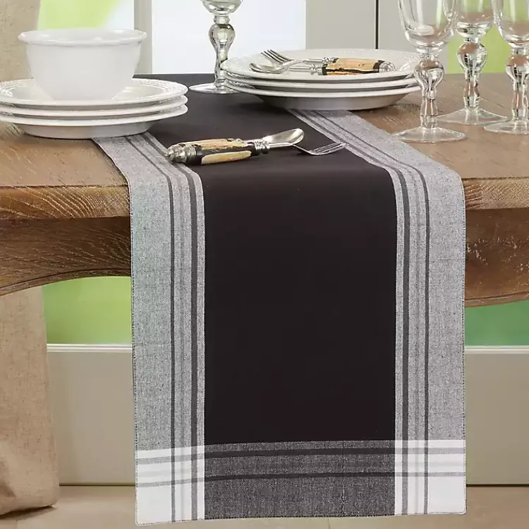 Table Linens-Kirklands Home Black Long Stripe Bordered Table Runner, 72 in.