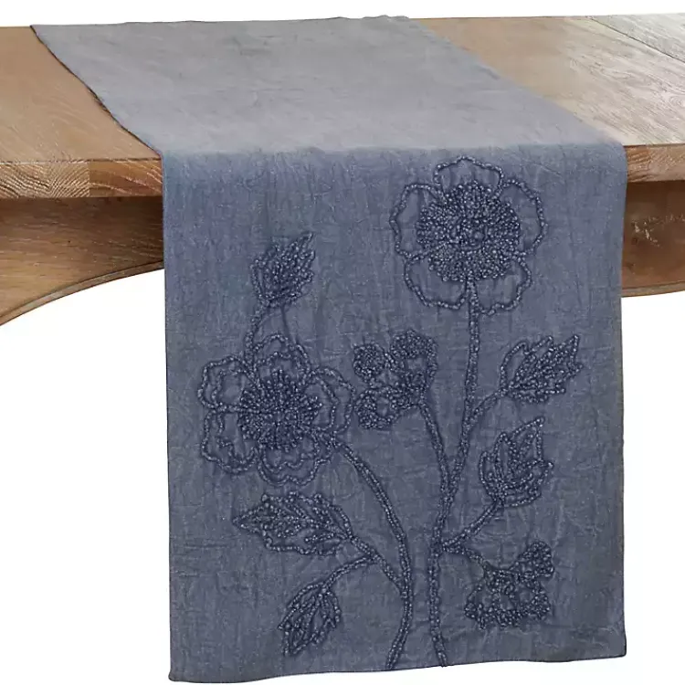 Table Linens-Kirklands Home Deep Floral Embroidered Table Runner Blue