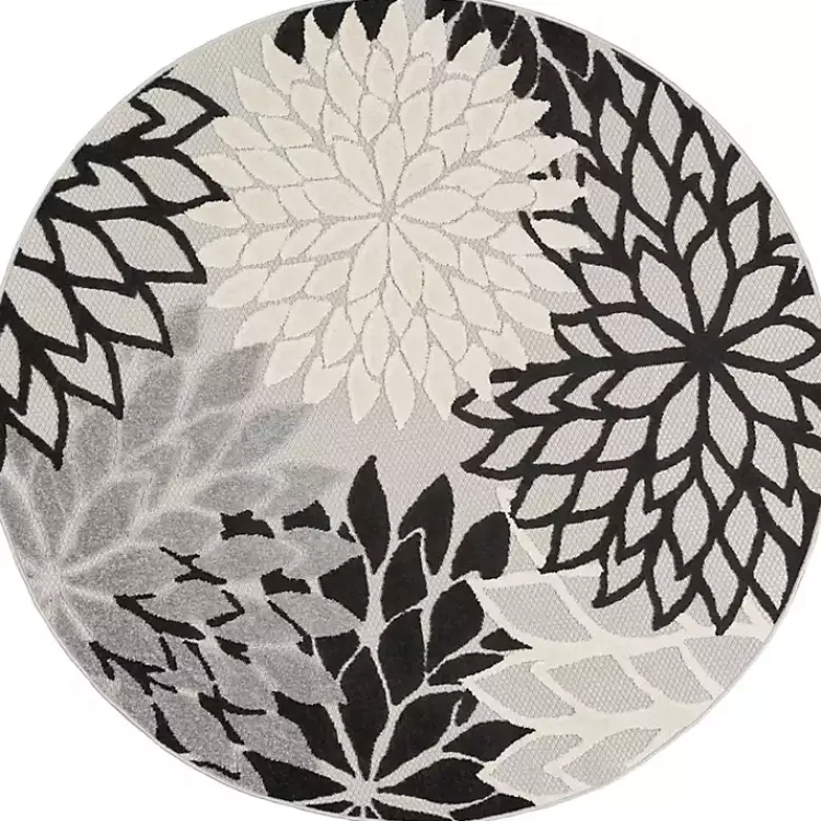 Outdoor Rugs-Kirklands Home Black and White Floral Round Outdoor Area Rug, 5x5