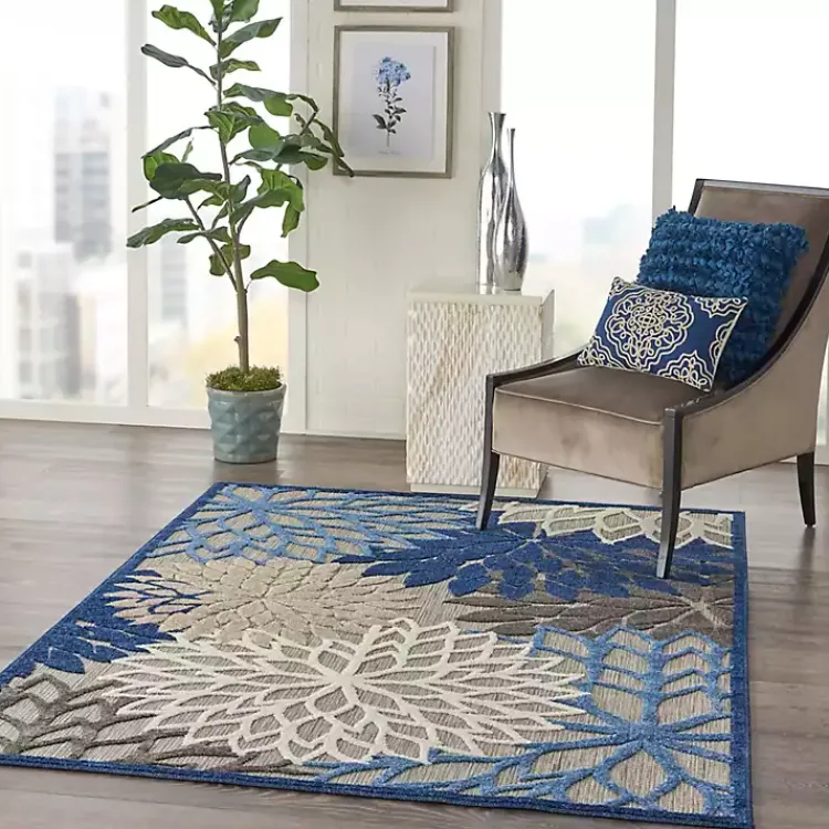 Outdoor Rugs-Kirklands Home Blue Floral Outdoor Area Rug, 5x7