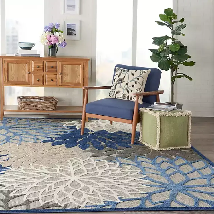 Outdoor Rugs-Kirklands Home Blue Floral Outdoor Area Rug, 7x10