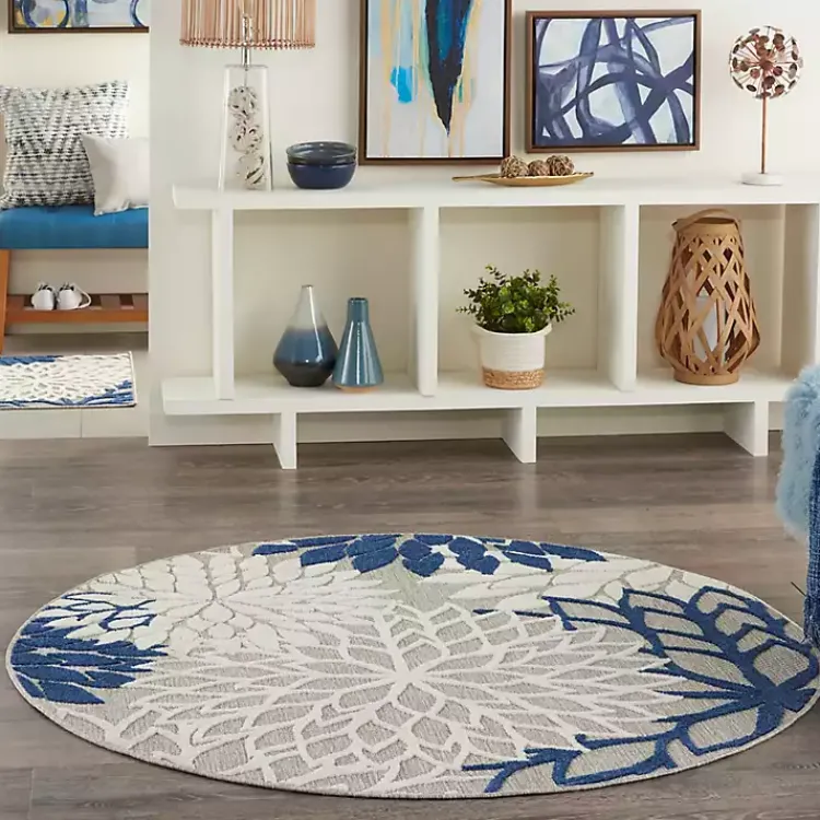 Outdoor Rugs-Kirklands Home Denim Floral Burst Round Outdoor Area Rug