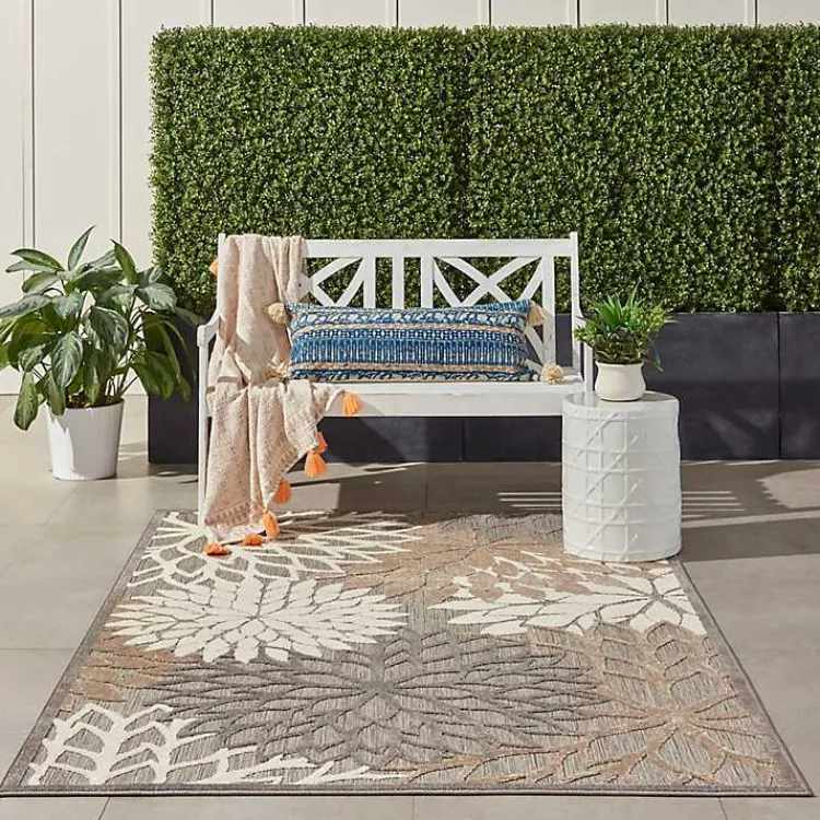 Outdoor Rugs-Kirklands Home Neutral Floral Burst Outdoor Area Rug, 5x7