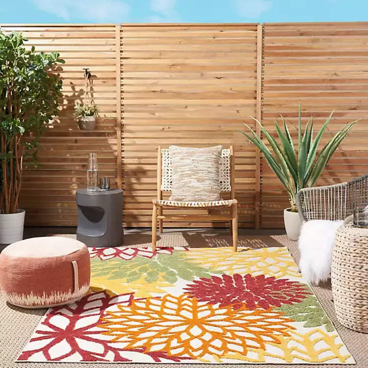 Outdoor Rugs-Kirklands Home Red Floral Burst Outdoor Area Rug, 5x7