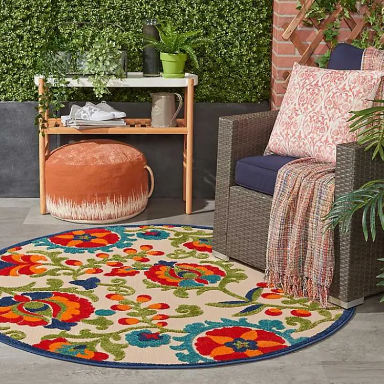 Outdoor Rugs-Kirklands Home Abstract Floral Outdoor Round Area Rug, 5 ft. Multi
