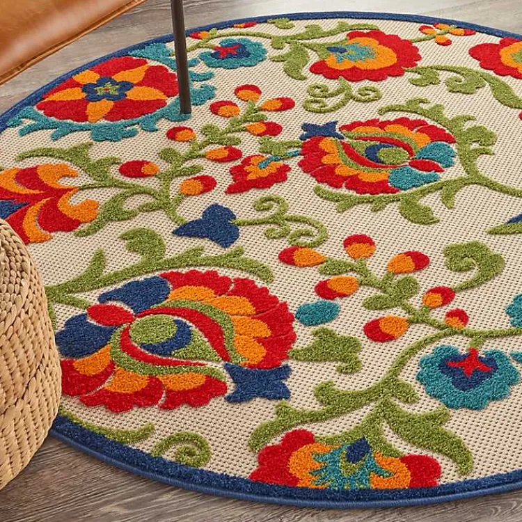 Outdoor Rugs-Kirklands Home Abstract Floral Outdoor Round Area Rug, 5 ft. Multi