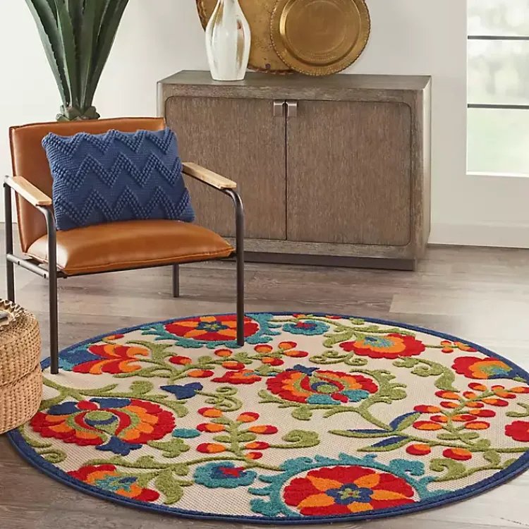 Outdoor Rugs-Kirklands Home Abstract Floral Outdoor Round Area Rug, 5 ft. Multi