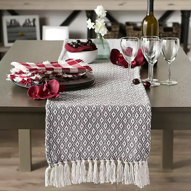 Table Linens-Kirklands Home Mini Diamond Fringe End Table Runner, 108 in. Gray