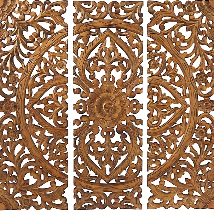 Wall Plaques-Kirklands Home Carved Mahogany 3-pc. Triptych Wall Panels Gold