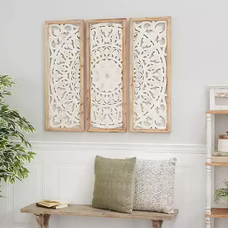 Wall Plaques-Kirklands Home Distressed White Floral Wall Plaques, Set of 3